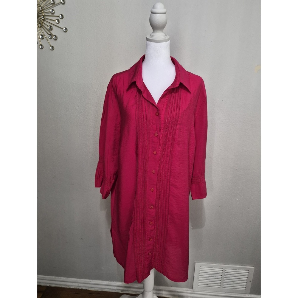 Coldwater Creek Pleated Shirt Top Long Button Down Sz XL Pink Tunic Blouse Boho